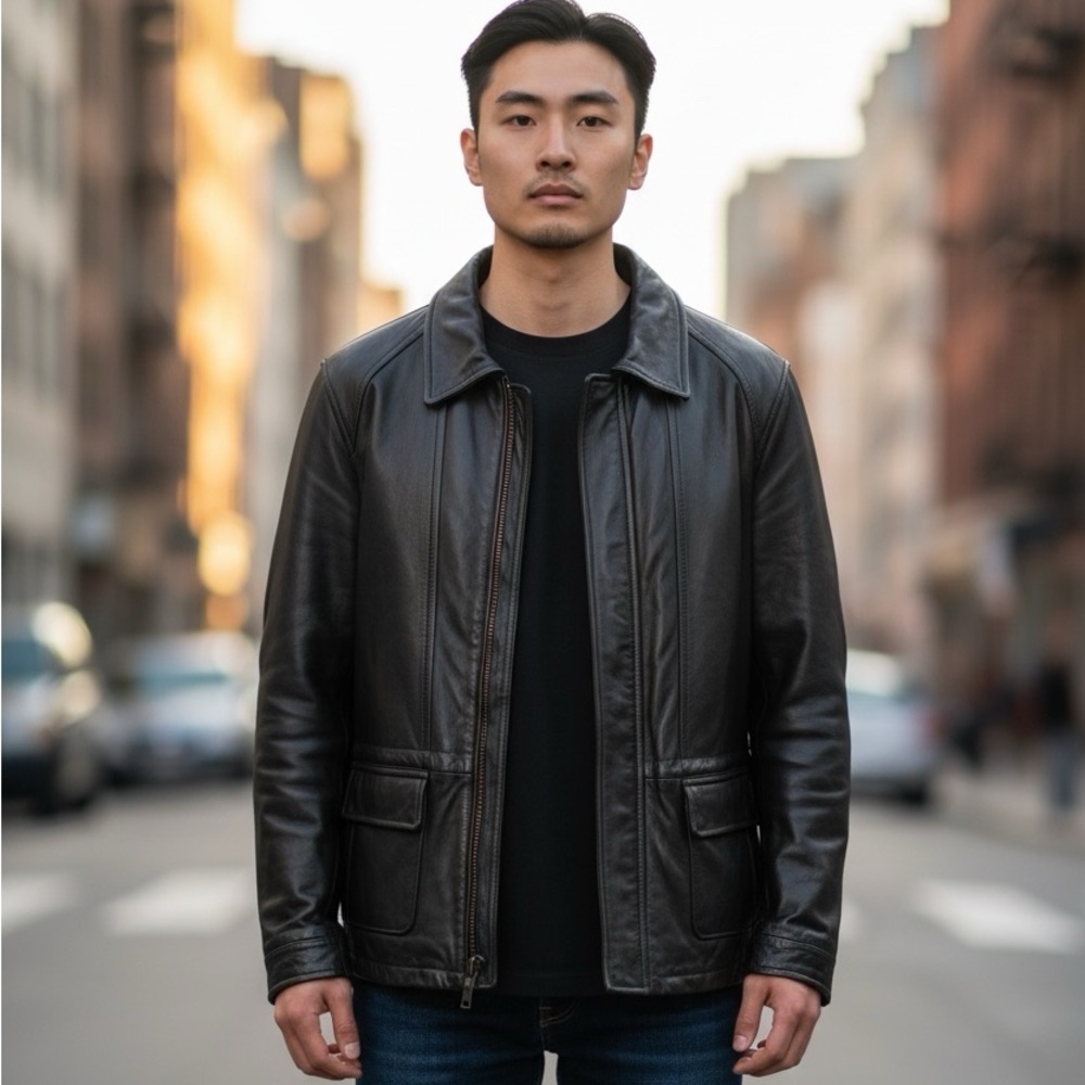 London Fog Men's Black Leather Car Coat XL